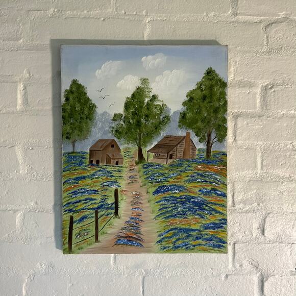 Vintage Farmhouse Landscape Painting | Hand-Painted Countryside Scene - Picture 9 of 10